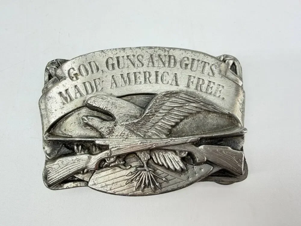 Vintage 1983 Siskiyou God Guns And Guts Belt Buckle Eagle Rifle USA
